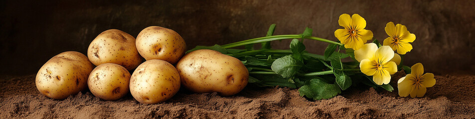 Fresh Potatoes Harvest  Yellow Flowers  Soil  Agriculture  Rustic