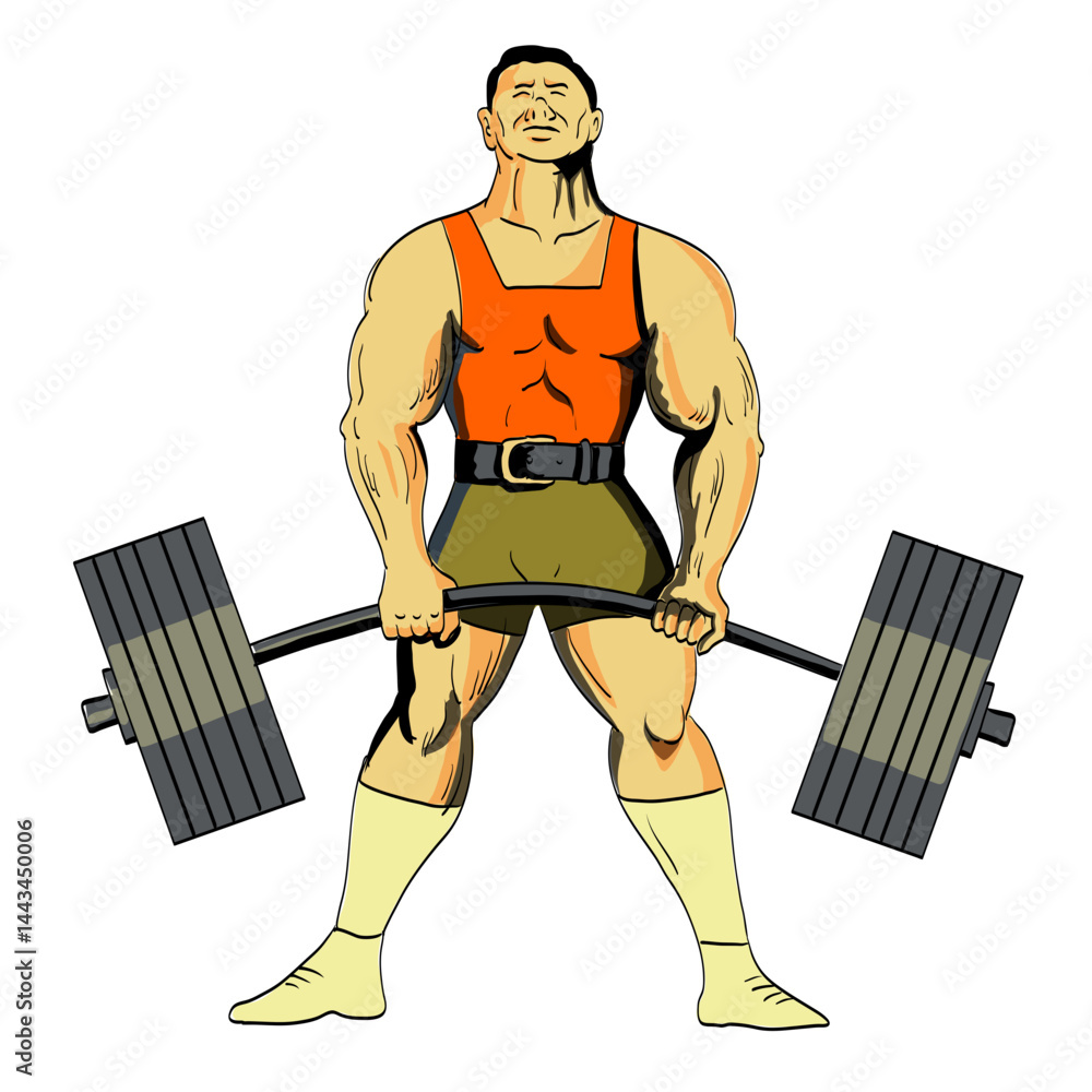 Poster retro style illustration of a powerlifter performing deadlift with barbell viewed from front on isol