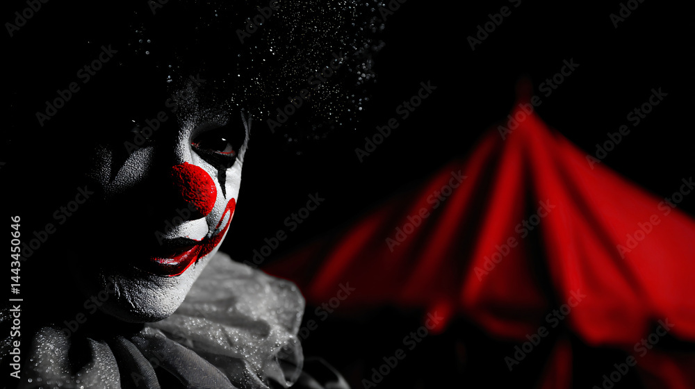 Poster scary clown smiling face with red nose and circus tent background