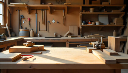 Warm and inviting view of an old-fashioned carpentry workshop with many tools ready.