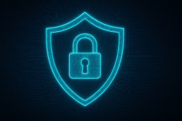 A luminous blue shield symbol with a padlock in the center, representing digital security and protection. Ideal for illustrating cybersecurity concepts and online safety.