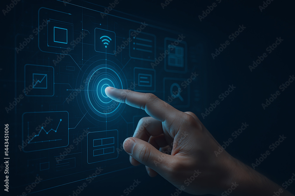Poster a close-up of a hand interacting with a futuristic digital interface, showcasing data analytics, con
