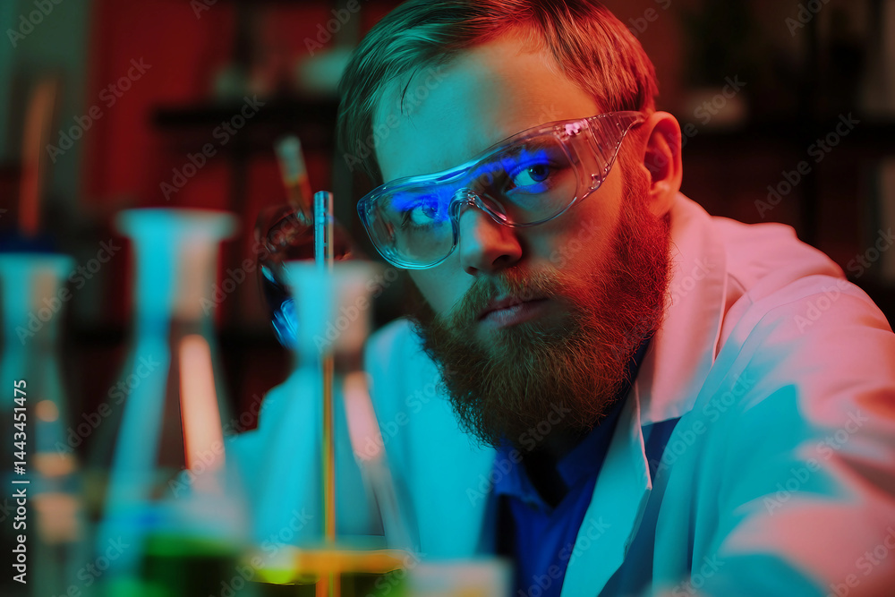 Aufkleber young scientist exploring chemistry in laboratory, making science experiment generative ai