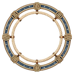 Circular rope frame with nautical knot accents, isolated on white, ideal for ocean-themed creative projects