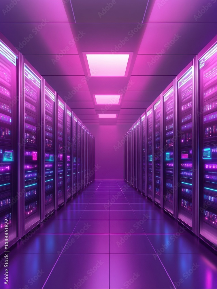 Poster futuristic server room with glowing lights, representing secure and verified data storage or cloud c