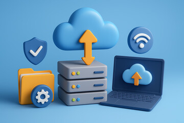 Colorful 3D illustration of cloud computing, featuring a laptop, servers, and icons. Represents data upload, internet connection, and digital security in a modern tech environment.