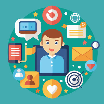 Flat design illustration of a person surrounded by digital communication tools