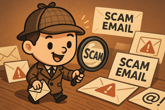 A cartoon detective examines scam emails, highlighting the importance of cyber awareness and online security. This illustration emphasizes vigilance against digital threats.