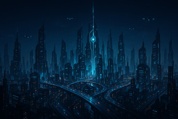 Obraz premium A futuristic city skyline illuminated by blue lights, showcasing tall skyscrapers and modern architecture. The night scene creates a sense of wonder and advanced technology.