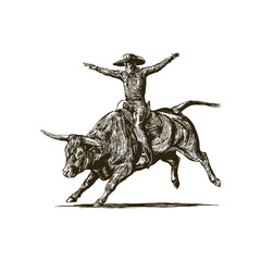 Fototapeta premium Vintage engraving woodcut bull rider retro vector illustration art design