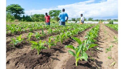 Young plants in neat rows in a field.  Farmers tending the crop