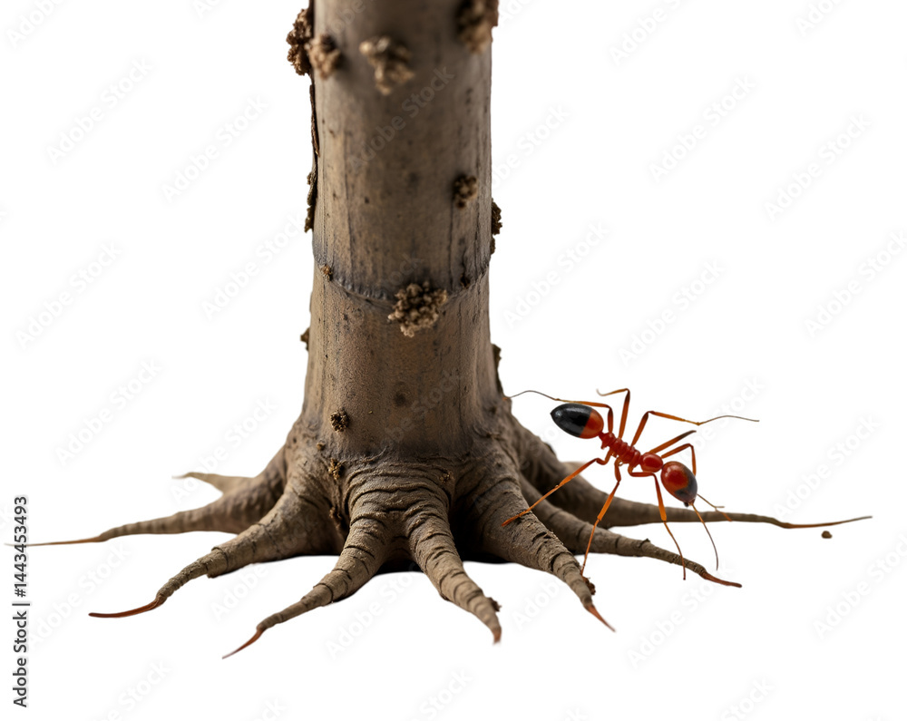 Poster intricate interaction between a red ant exploring the textures of a tree trunk root on a plain setti