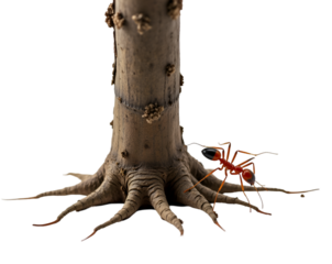 Intricate interaction between a red ant exploring the textures of a tree trunk root on a plain setting, highlighting nature's micro life and patterns