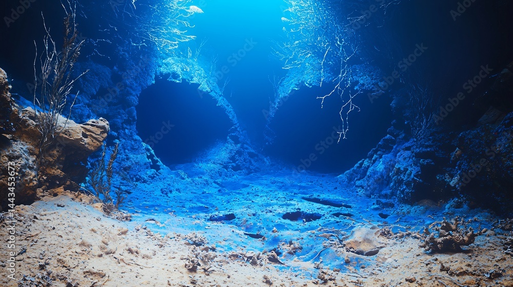 Poster an enigmatic cave illuminated by a mysterious blue light casting intriguing shadows on the walls cre