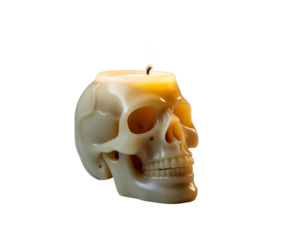 Intricate Melting Wax Skull Candle Illuminating Isolation, Symbolizing Mortality and Ephemeral Beauty on a Plain Backdrop, Evoking Contemplation and the Transient Nature of Life