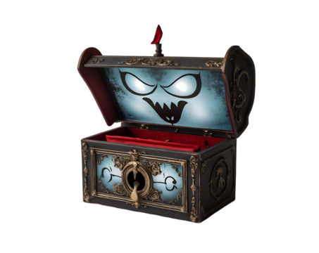 Intricate Jack-in-the-Box with Sinister Design Elements and Ornate Details, Half-Open, Presenting a Mysterious and Slightly Eerie Appearance on an Isolated Background