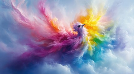 Obraz premium Colorful phoenix soaring through vibrant clouds. A majestic mythical creature, its feathers composed of swirling, dynamic hues of the rainbow, takes flight amidst a spectacle of abstract clouds.