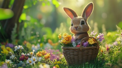 Cute easter bunny with a basket full of flowers