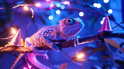 A chameleon perched on a branch, surrounded by festive lights
