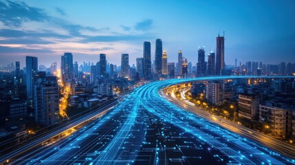 Abstract road illuminated by blue light trails representing speed and digitization against a twilight urban backdrop