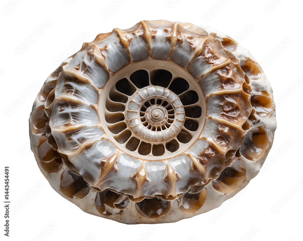 Poster intricate patterns of a chambered nautilus fossil on a plain, presenting the beauty of ancient marin