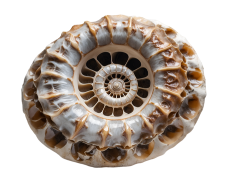 Intricate patterns of a chambered nautilus fossil on a plain, presenting the beauty of ancient marine life and the fascinating details of its structure