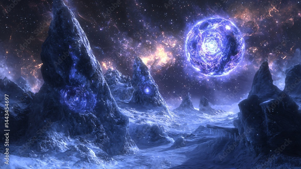 Poster a captivating space scene featuring a planet in the background surrounded by cosmic elements under h