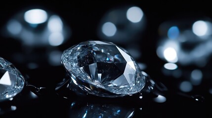Close-up of sparkling diamonds on dark surface