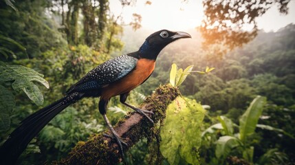 A colorful bird perched in a lush rainforest