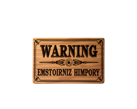 Intricate Wooden Sign with Warning Text and Unusual Bottom Inscription, A Detailed Engraving for Decorative or Themed Settings, Adding Mysterious Charm