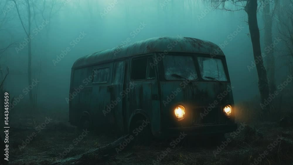 Aufkleber abandoned bus sitting amidst trees and foliage in a dense forest