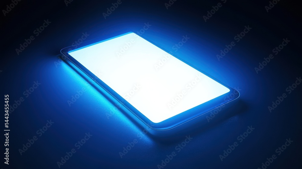 Poster a glowing blue background with an empty white screen of the smartphone on it, illuminated by soft li