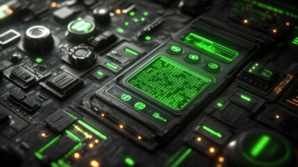 Futuristic circuit board with glowing green display and mechanical controls.  Complex, intricate design with various components