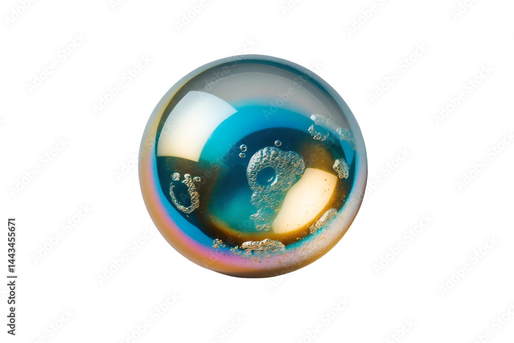Poster iridescent metallic tinted soap bubble floating in isolation, a captivating display of light refract