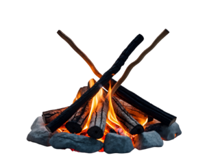 Inviting Campfire Scene, Two Roasting Sticks Poised Over Warm Embers, Capturing the Essence of Outdoor Cooking and Cozy Gatherings in a Minimalist Setting with Warm Tones