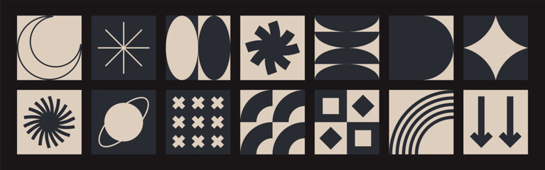 Abstract geometric forms. Brutalist shapes, trendy Y2K signs.