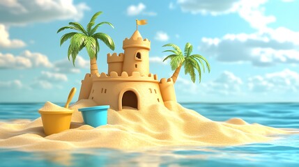 Obraz premium 3D cartoon sandcastle palm island turquoise ocean golden sand summer scene children beach holiday atmosphere picture
