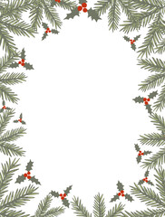 Festive hand drawn frame with holly and fir branches for Christmas and New Year celebrations vector illustration