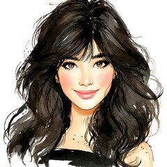 Naklejka premium Watercolor illustration of a smiling young woman with long dark hair, brown eyes, and rosy cheeks
