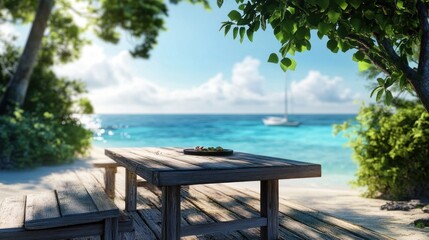 Obraz premium Wooden table on beach, ocean view