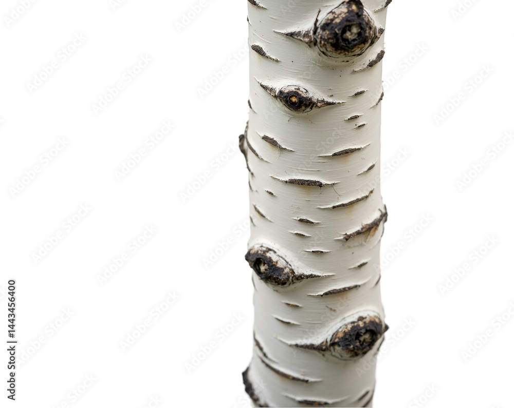 Poster isolated birch tree trunk displaying distinct white peeling bark and unique burls, creating an intri