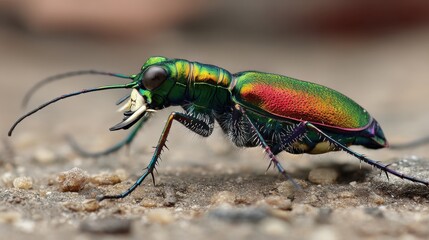Iridescent Green Tiger Beetle on Sandy Ground