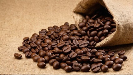 Fototapeta premium Roasted Coffee Beans Spill Forth: An Inviting Cascade of Rich Aroma and Warmth from a Rustic Burlap Sack.