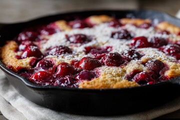 Homemade Cherry Cobbler in Cast Iron Skillet with Golden Crust and Powdered Sugar