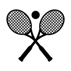Minimalist silhouette of two crossed tennis rackets with a ball isolated on a white background