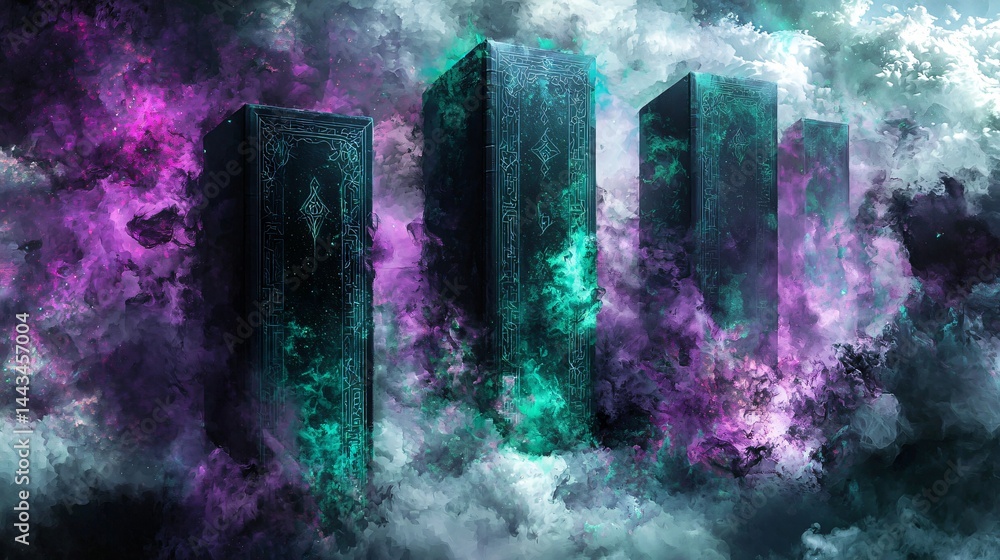 Poster two tall buildings rising above the clouds in a fantasy world with a whispering atmosphere and diffu