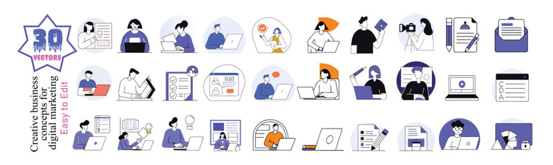 Content Marketing Vector Set: Illustrations for Strategy, SEO, Blogging & Digital Branding, Set of people vector illustrations in various activities of content marketing agency, content strategy