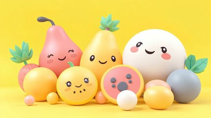 group of cute and colorful cartoon fruit characters with happy expressions in a fun summer setting