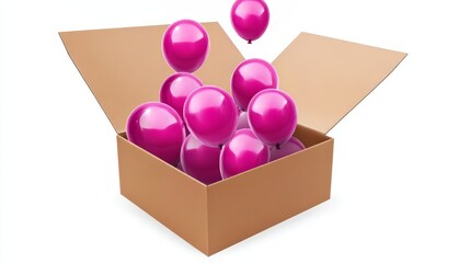 Pink box with pink balloons inside. The box is open