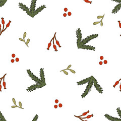 Seamless pattern with winter berries and greenery on white background vector illustration